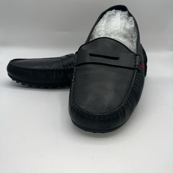 GUCCI BLACK UNLINED LEATHER WEB DETAIL MOCCASINS DRIVER SHOES Slip On Loafers - Picture 3 of 16